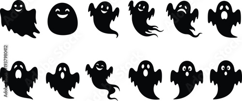 Black Silhouette Vector Icon Set of Spooky and Cute Ghosts with Various Expressions and Flying Poses for Halloween Party Decorations and Horror Theme Graphic Design