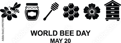 World bee day icons set with bee on flower honey jar honey dipper honeycomb flower and beehive black silhouette vector art celebration of bee importance and nature preservation