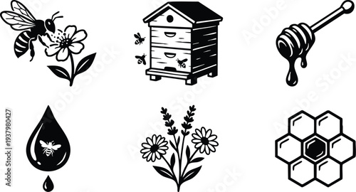Black and white vector art set showing honey bee collecting nectar from flower bee hive box with flying bees dripping honey dipper flower bouquet and honeycomb cells hexagonal design
