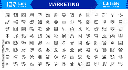 Marketing line icon pack featuring professional modern minimal designs, unique outline vectors ideal for branding, advertising, promotion, communication, and strategy concepts