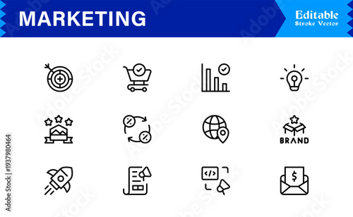 Marketing line icon pack featuring professional modern minimal designs, unique outline vectors ideal for branding, advertising, promotion, communication, and strategy concepts