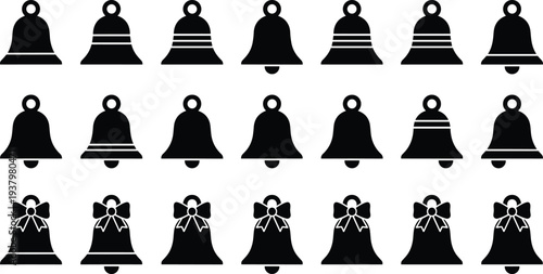 Collection of bell silhouettes set and decorative Christmas jingle bell icons with bows for wedding celebration holiday design isolated vector illustrations on white