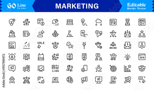 Marketing line icon pack featuring professional modern minimal designs, unique outline vectors ideal for branding, advertising, promotion, communication, and strategy concepts