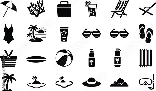 Black Vector Icon Set of Summer Beach Vacation Elements Featuring Palm Trees Sun Sunglasses Swimsuit Surfboard and Tropical Island Symbols for Travel Graphic Design
