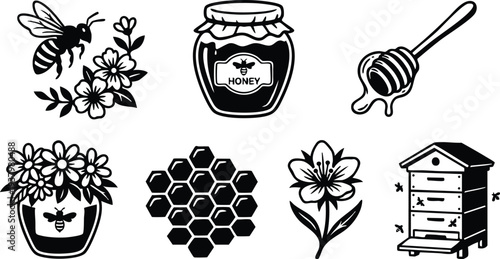 Black and white vector art of honey bee with flowers honey jar dipper dripping honey honeycomb flower and wooden beehive with flying bees