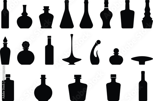 Collection of black bottle silhouettes featuring various shapes including wine bottles apothecary jars perfume vials and decanters for product packaging design and beverage branding