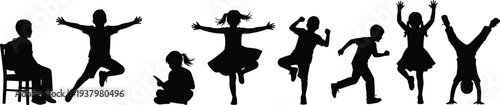 Collection of black children silhouettes featuring boys and girls jumping running dancing reading and playing for parenting education school projects and youth community design