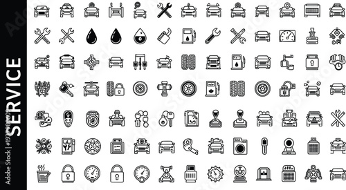 Large Vector Collection of Car Service Line Icons Featuring Automotive Repair Tools Gas Stations Tires Engines and Vehicle Maintenance Symbols for Mechanical Workshop Branding