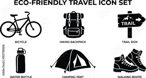 Black silhouette eco friendly travel icon set including bicycle hiking backpack trail sign water bottle camping tent and walking boots in flat design style