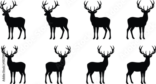 Collection of deer silhouettes set and wild stag elk icons with antlers for hunting forest nature logo design isolated vector illustrations on white background