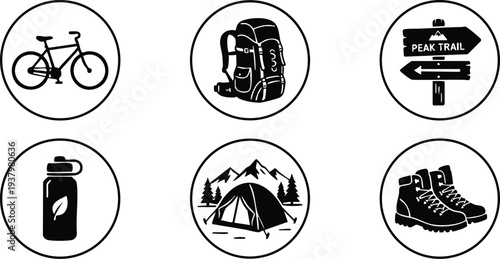Minimalist black and white flat design set of six outdoor camping icons including bicycle backpack peak trail sign water bottle tent and hiking boots