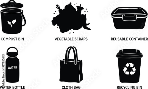 Silhouette vector icons of compost bin with leaf symbol vegetable scraps reusable container water bottle cloth bag and recycling bin isolated on white background simple eco friendly design