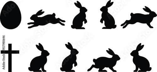 Collection of Easter bunny silhouettes set including jumping rabbits egg and cross icons for spring holiday celebration design isolated vector illustrations on white background