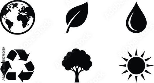 Minimalist black vector icons including earth globe leaf water drop recycle symbol tree and sun flat design set on white background with simple nature and environment concept