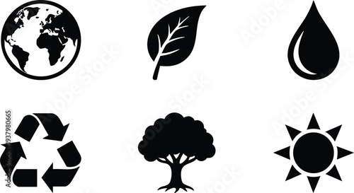 Black silhouette icons of earth globe leaf water drop recycle tree and sun symbols in flat design style on white background for environmental and nature concepts