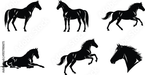 Collection of horse silhouettes set including running jumping standing and resting stallions for equestrian sports logo design isolated vector illustrations on white background