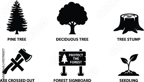 Black silhouette icon set featuring pine tree deciduous tree tree stump axe crossed out forest signboard and seedling symbols for environmental protection and forestry awareness