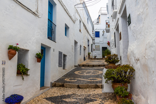 One of the picturesque streets of Frigiliana, a white Andalusian village, with whitewashed facades decorated with potted plants and flowers, and traditional mosaic floors. Málaga, Spain