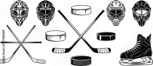 Collection of ice hockey equipment set including goalie mask sticks puck and skates for winter sports team logo design isolated vector illustrations