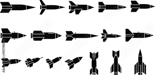 Military Missile and Rocket Vector Icon Set Featuring Black Silhouettes of Ballistic Weapons Projectiles and Torpedoes for Defense Security and War Illustrations