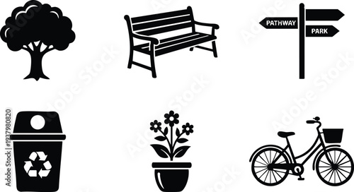 Black silhouette tree bench recycling bin potted flowers bicycle and directional park pathway sign simple vector icons set urban outdoor nature elements collection