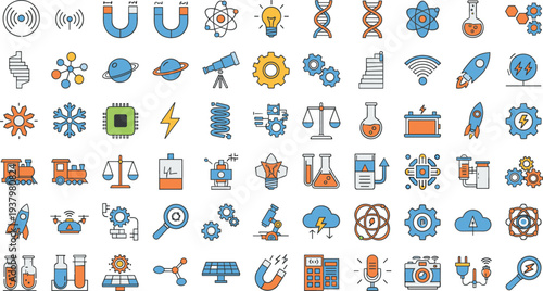 Colorful Vector Icon Set Featuring Science Technology and Engineering Symbols Like Atoms Planets Microscopes Rockets and Laboratory Equipment for Educational and Innovative Research Projects
