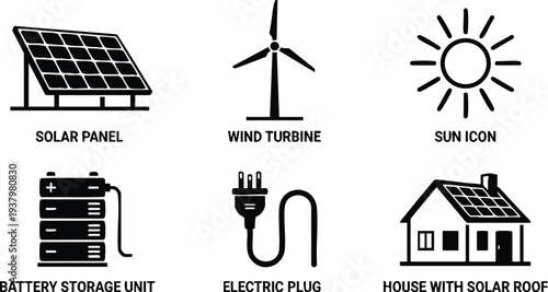 Flat design icons showing solar panel wind turbine sun icon battery storage unit electric plug and house with solar roof renewable energy concepts vector art