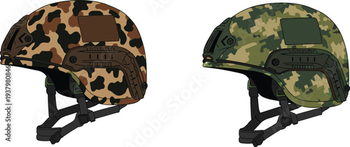 Military tactical camouflage helmet side view set isolated on white background, protective combat gear equipment for army, security, airsoft, and defense training
