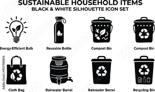 Black and white silhouette icons set featuring sustainable household items with energy efficient bulb reusable bottle compost bin cloth bag rainwater barrel and recycling bin designs