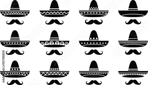 Set of black and white Mexican sombrero hat and mustache icons isolated on white background, traditional Cinco de Mayo vector illustration for holiday design