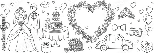 Wedding Day Celebration Vector Illustration Set Featuring Bride and Groom With Romantic Elements Like Rose Heart Cake Car Rings and Love Hearts for Coloring