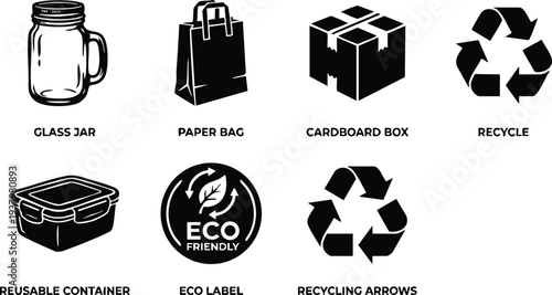 Black and white vector icons of glass jar paper bag cardboard box reusable container eco friendly label and recycling arrows set on white background