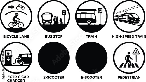 Simple black and white transportation icons flat design including bicycle lane bus stop train high speed train electric car charger e scooter and pedestrian crossing symbols