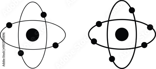 Minimal atomic structure icons with electron orbits around nucleus isolated on white background, modern science symbol vector for physics and technology design
