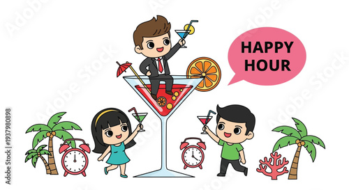Cartoon illustration of people enjoying happy hour with cocktails and tropical elements on a white background with a playful and festive mood.