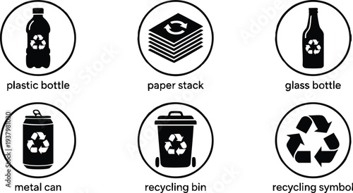 Black and white flat design recycling icons including plastic bottle paper stack glass bottle metal can recycling bin and recycling symbol for environmental awareness