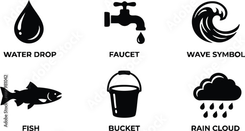 Minimalist black icons set including water drop faucet with dripping water wave symbol fish bucket and rain cloud vector art collection in simple design style