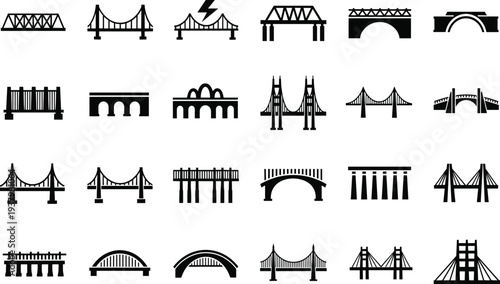 Minimalist Bridge Icon Set, Vector Engineering Symbols for Suspension Arched and Cable Stayed Infrastructure, Transport Network Graphics for Urban Design Isolated on White Background