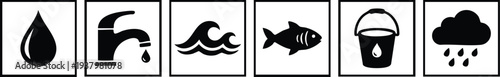 Minimalist black and white vector icons showing water drop faucet with dripping water ocean wave fish bucket with water drop and rainy cloud in simple square frames