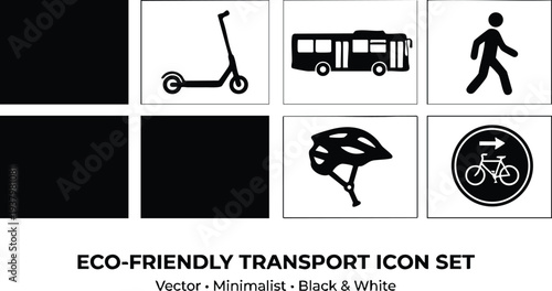 Minimalist black and white eco friendly transport icon set featuring electric scooter bus pedestrian bicycle helmet and directional bike sign in vector style