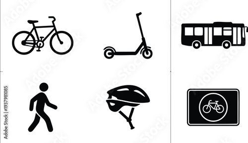 Minimalist black icons featuring bicycle scooter bus pedestrian helmet and bicycle traffic sign in simple flat design for urban transportation and safety concepts