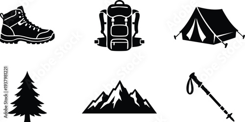 Black silhouette hiking boot backpack mountain camping tent trekking pole pine tree outdoor adventure equipment flat vector icons set