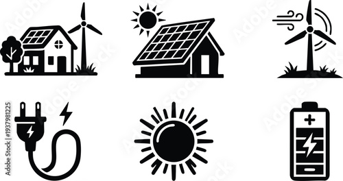 Black silhouette icons of solar panel house with tree and wind turbine combined with plug charging symbol battery and sun flat design energy renewable resources concept illustration