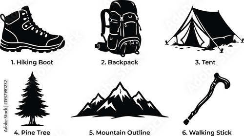 Black and white hiking gear icons including hiking boot side view backpack front tent campsite pine tree silhouette mountain outline and walking stick vector set
