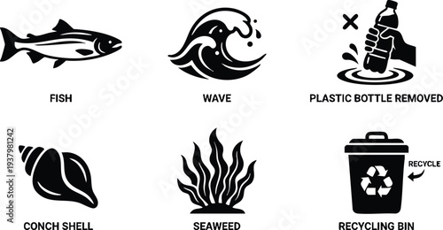 Minimalist black and white vector icons set featuring fish wave plastic bottle removal conch shell seaweed and recycling bin environment protection symbols