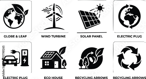 Black eco friendly icons set including globe with leaf wind turbine solar panel electric plug electric car charging eco house and recycling arrows flat design symbols