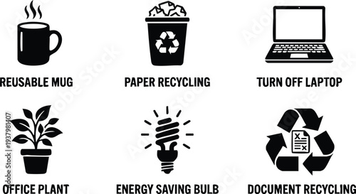 Black and white minimalist icons set depicting reusable mug steaming paper recycling bin turn off laptop office plant energy saving light bulb and document recycling symbol