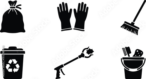 Black silhouette icons collection of cleaning tools including garbage bag gloves broom recycle bin grabber and bucket with sponge and brush isolated on white background line art