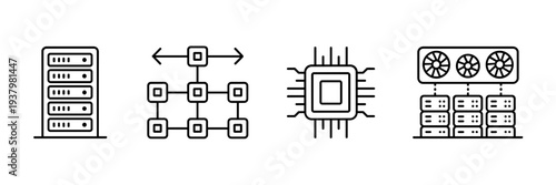 High performance computing HPC icon set – Ideal for enterprise server solutions, scientific research, or supercomputer technology.