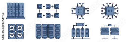 Blue and gray HPC infrastructure icons – Suitable for cloud capacity marketing, network engineering, or server management tools.